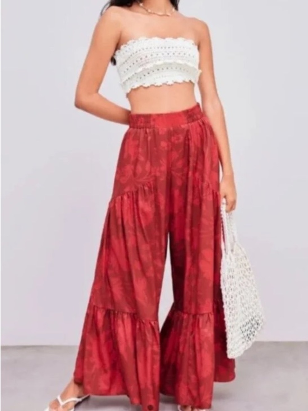 Cider Red Floral Wide-Leg Tiered Palazzo Pants